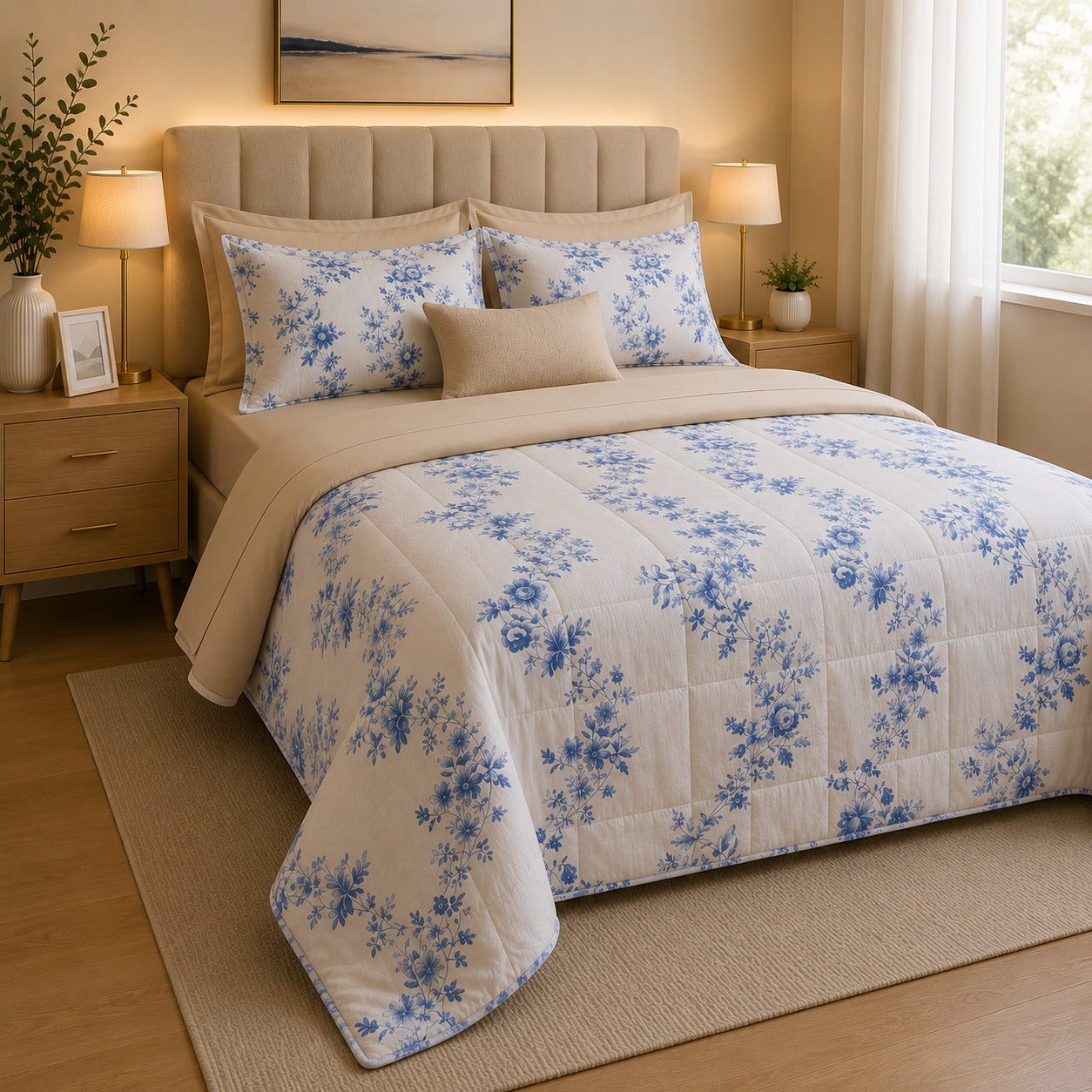 PACK VERANO/TODA ESTACION AMGR-278 (EDREDON FLOR FANTASIA CELESTE-SABANA BEIGE)