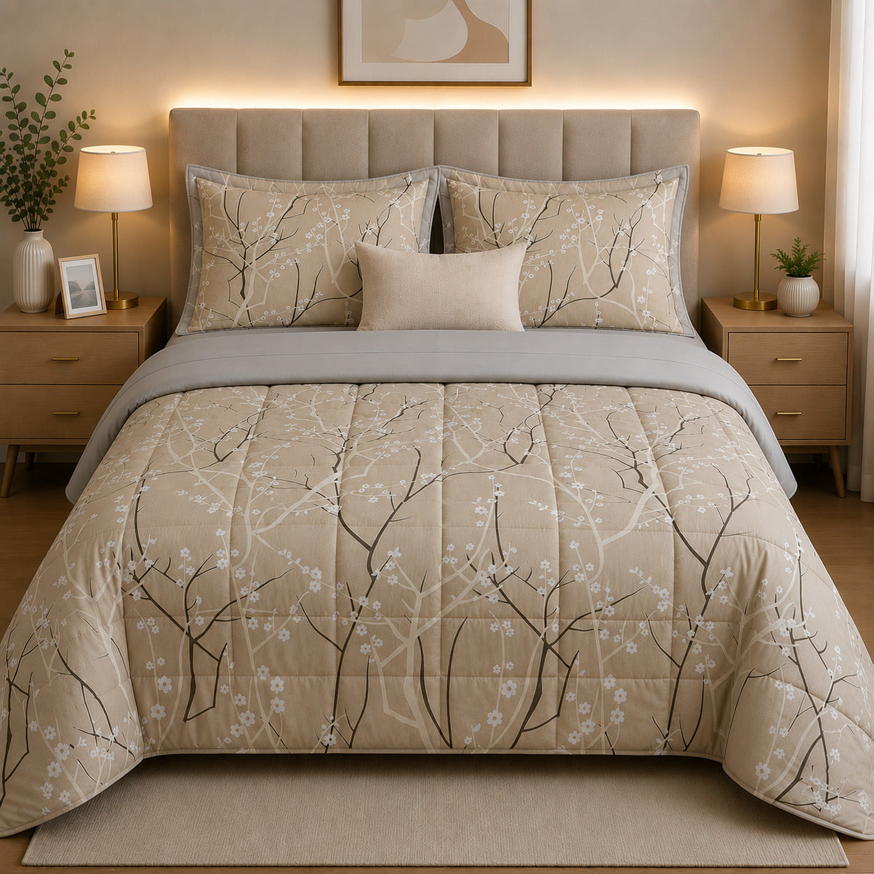 PACK VERANO/TODA ESTACION AMGR-274 (EDREDON FLOR OTOÑAL BEIGE - SABANA PLOMO RASGADO)