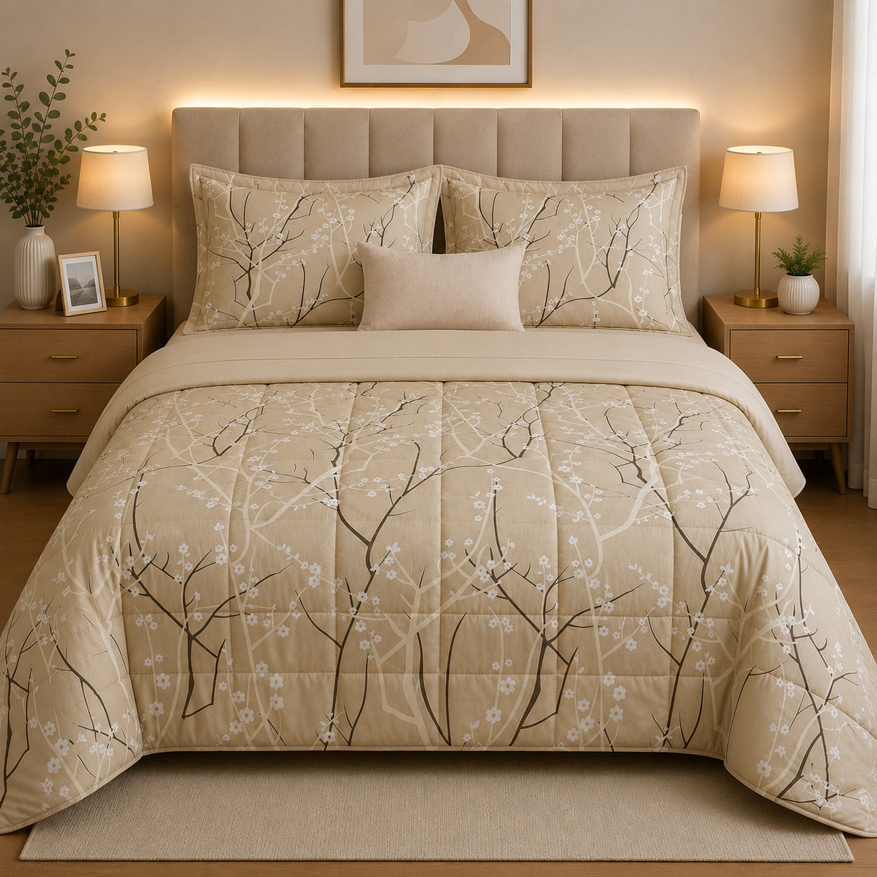PACK VERANO/TODA ESTACION AMGR-273 (EDREDON FLOR OTOÑAL BEIGE - SABANA BEIGE)