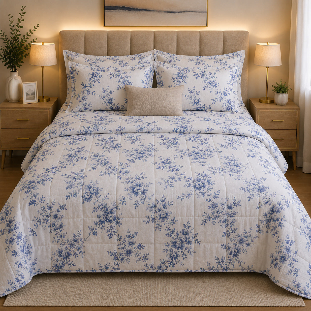PACK VERANO/TODA ESTACION AMGR-276 (EDREDON FLOR FANTASIA CELESTE-SABANA FLOR FANTASIA CELESTE)