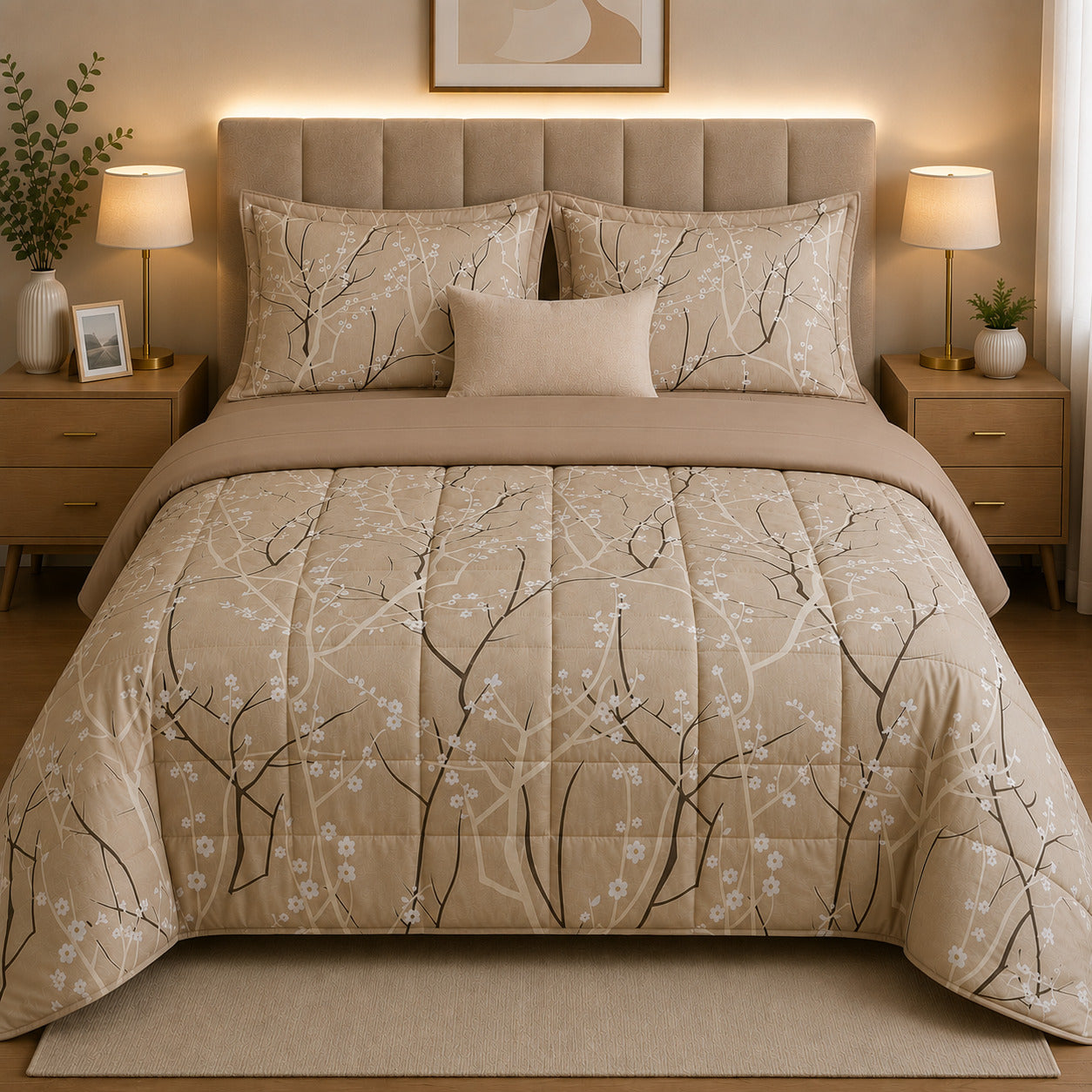 PACK VERANO/TODA ESTACION AMGR-272 (EDREDON FLOR OTOÑAL BEIGE - SABANA MOCA)