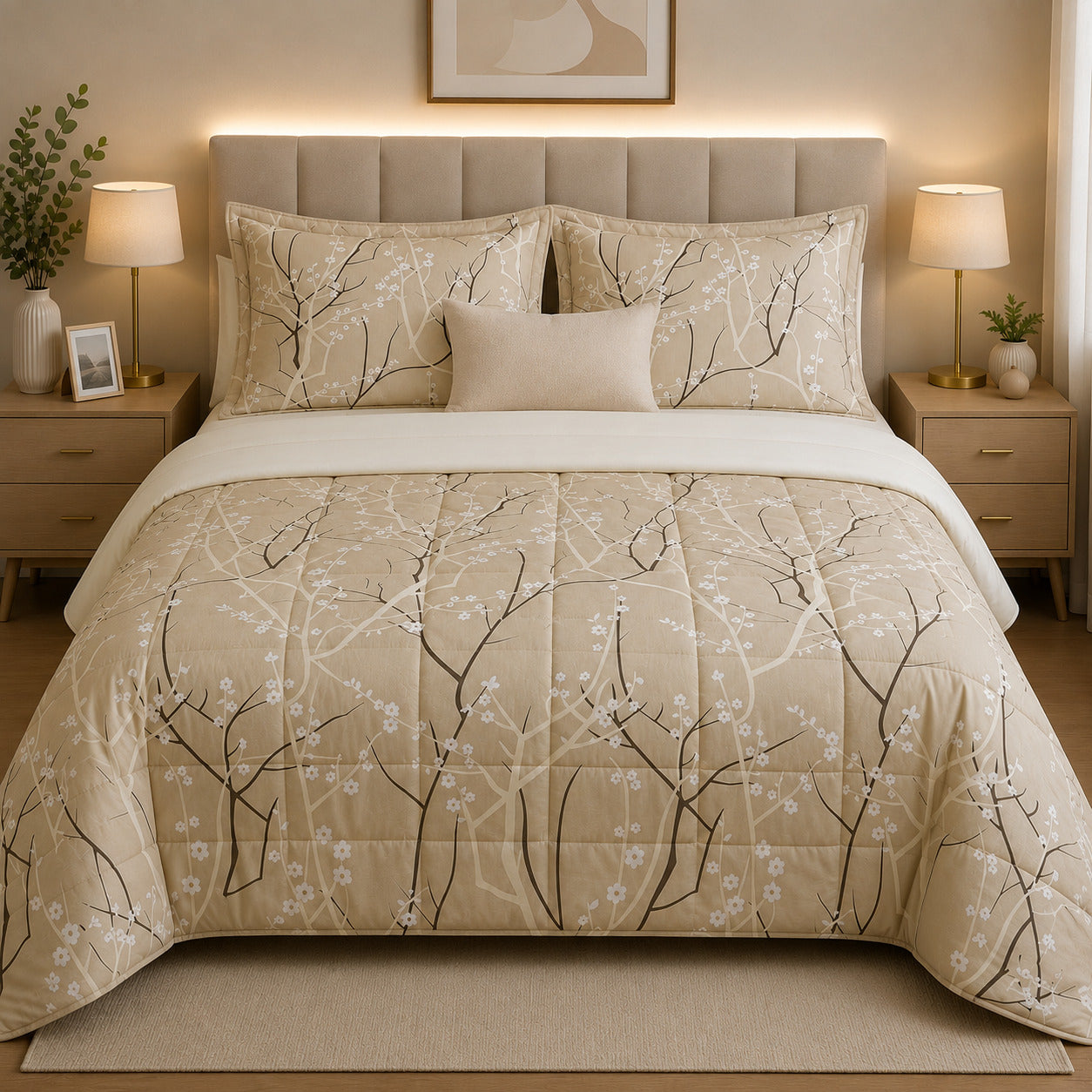 PACK VERANO/TODA ESTACION AMGR-275 (EDREDON FLOR OTOÑAL BEIGE - SABANA MARFIL)