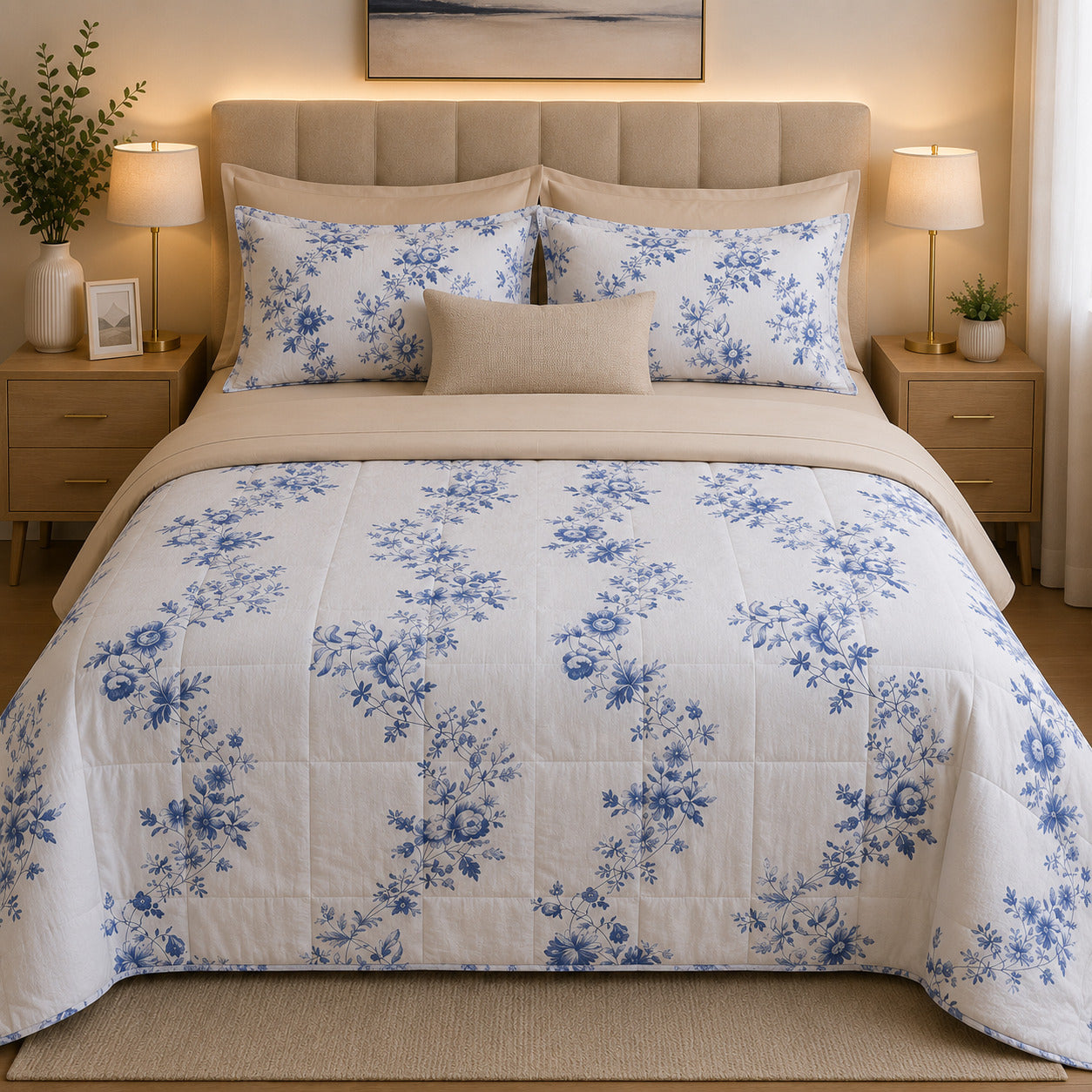 PACK VERANO/TODA ESTACION AMGR-278 (EDREDON FLOR FANTASIA CELESTE-SABANA BEIGE)